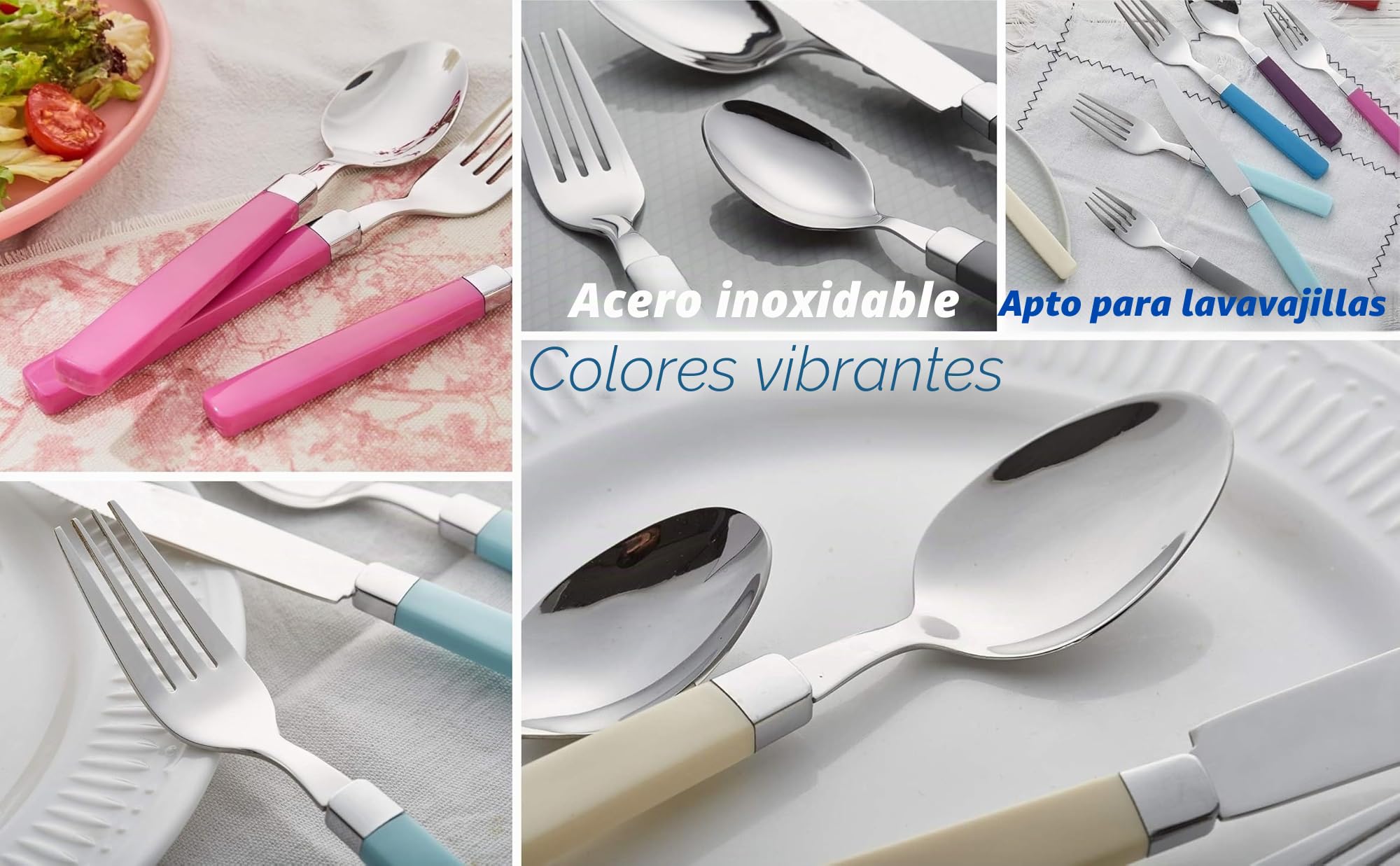 EXZACT Juego de cubiertos de acero inoxidable, 16 piezas, asas de colores, 4 tenedores, 4 cuchillos, 4 cucharas de mesa, 4 cucharas de té