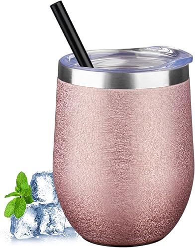 Miniatura 20 de Vaso térmico para vino de 12 oz con tapa y pajita, vasos térmicos para vino de acero inoxidable sin tallo de doble pared al vacío, vasos a granel