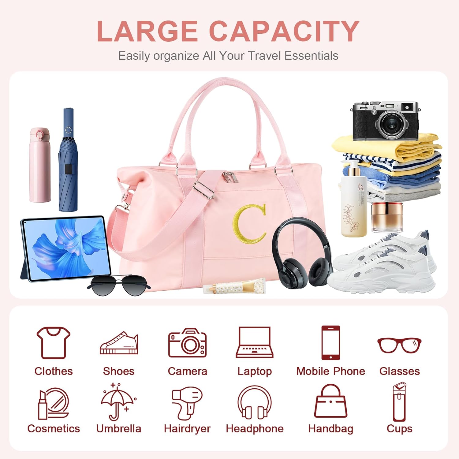 Personalized Initial Gym Dance Bag, Travel Duffel Bag for Teen Girls, Carry On Bag Overnight Weekender Bag with Trolley Sleeve, Birthday Gifts for Women Mom Daughter Graduation Gift(Letter C, Pink)