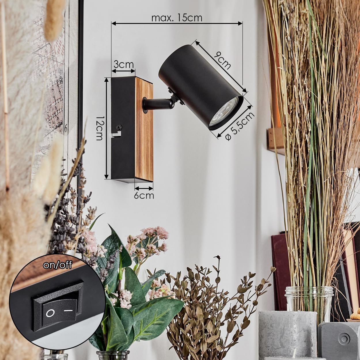 HOFSTEIN lampada da parete Gesteira, in metallo effetto legno/nero, dal design moderno con paralume regolabile (Ø 5,5 cm), GU10, soggiorno, camera letto, cucina, corridoio, scala
