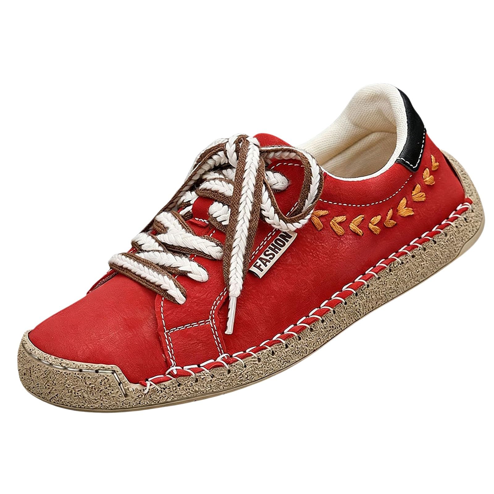 Low-Top-Sneaker für Damen und Herren, flache Stickerei, Schnürschuh, rot | Handgenähte, runde Zehenpartie, breite Passform, rutschfest, Unisex, Freizeit-Sneaker, Wanderschuhe, Urlaub, Büro