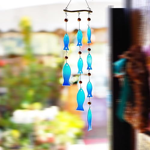 Miniatura 7 de Blue Evil Eye Hanging Decoration Metal Wind Chimes and Stained Glass Blue Fish Decorative Wind Chimes