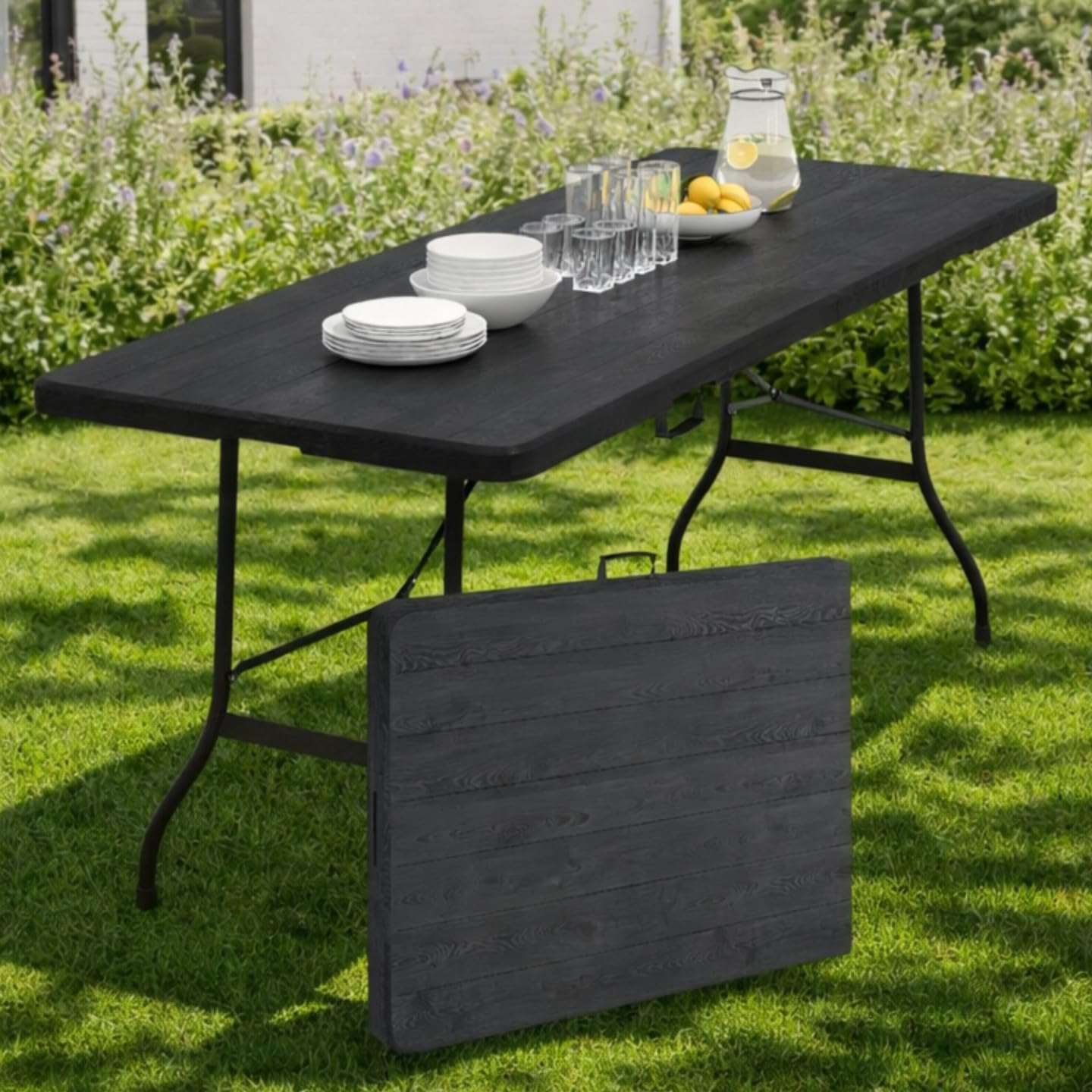 IDMarket - Table Pliante d'appoint Portable 180 cm pour Camping ou réception Imitation Bois Noir