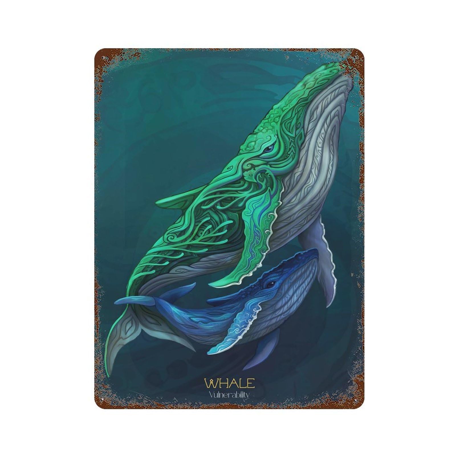 Two Whales in Teal And Blue 15.7"x11.8" Rust Effect Tin Sign, Industrial Home Decor for Living Room, Hallway And Home Decor