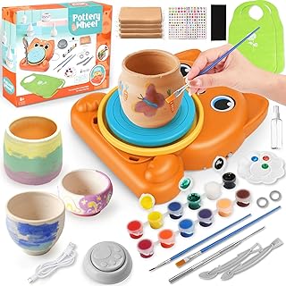 Töpferset für Kinder,Töpferscheibe Elektrisch für Kinder,Pottery Set DIY Töpfern Bastelset,Mini Töpferscheibe mit Töpferton,Farben,Aufkleber,Töpferei Malerei Kit Spielzeug Alter 6-12,Orange