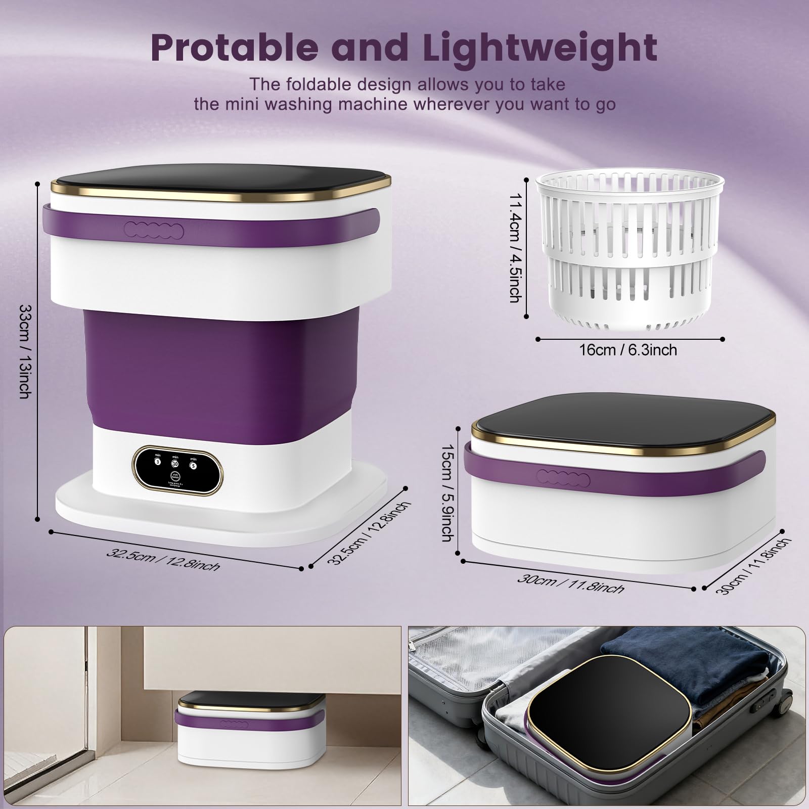 Mini Lavatrice,15L 2 in 1 Lavatrice Portatile con Centrifuga e 3 modalità di pulizia per Piccoli vestiti, Lavatrice da Campeggio Pieghevole per Viaggi, Appartamenti (Viola)
