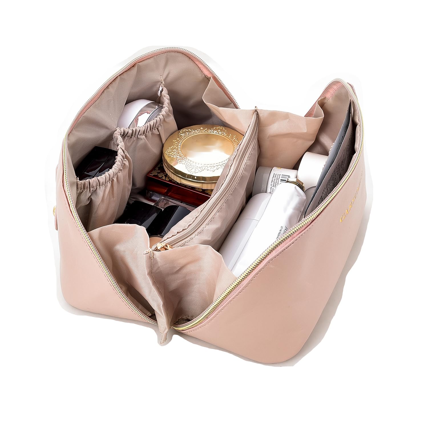 Garsumiss Travel Makeup Bag Flat Lay Cosmetic Bags Large Capacity Make Up Pouch Portable Organizer Storage Bag Brushes Box with Divider and Handle(Pink)