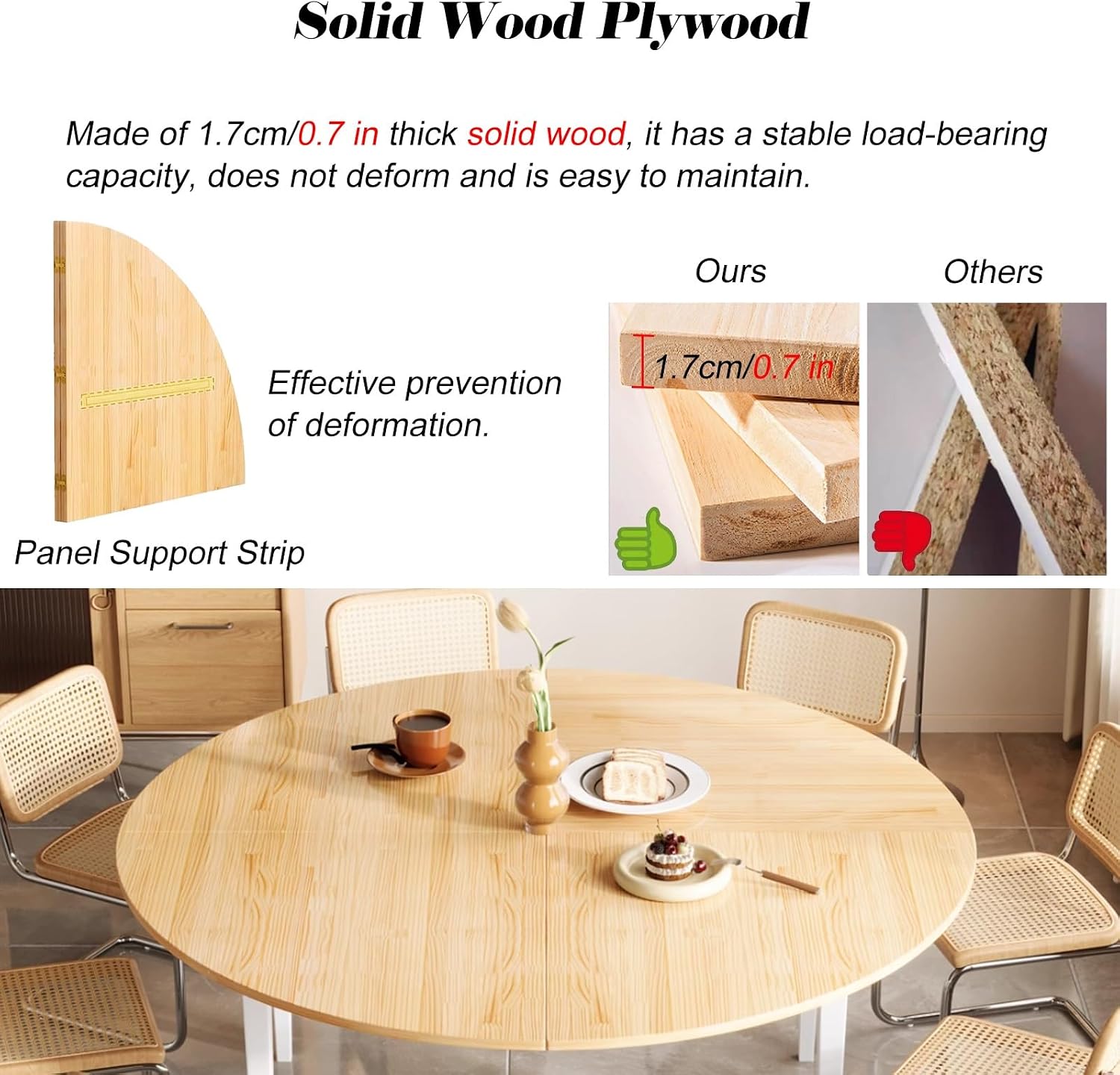 5.2 ft Solid Wood Round Folding Table, Waterproof & Foldable Event Tabletop Extender(6.5 ft/2m)
