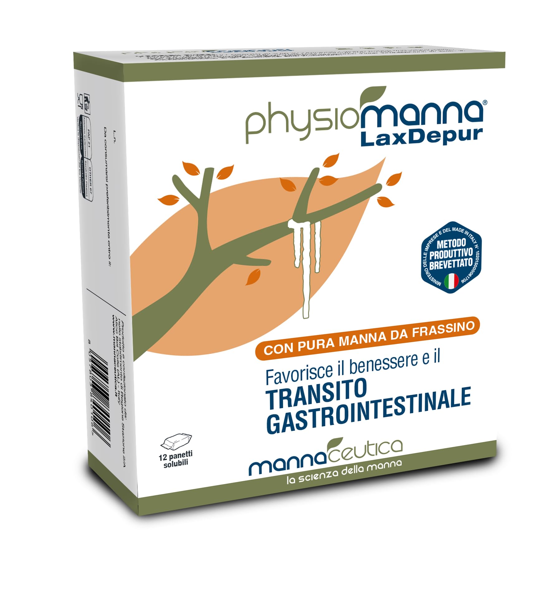 PHYSIOMANNA LAXDEPUR Integratore Alimentare con Pura Manna da Frassino - per il Benessere e il Transito Gastrointestinale, Effetto Depurativo - 12 panetti