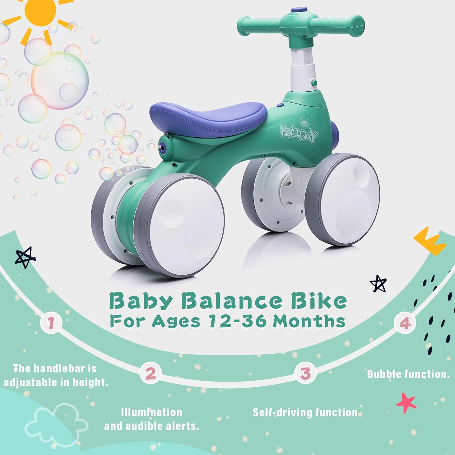 Baby Toddler Balance Bike with Bubble Machine for 1 Year Old Children,4 Wheels Kids Balance Bike w/Bubble Maker,Kids Ride on Toys,Headlight for Ages 12-36 Months Boys Girls (Green&Blue)
