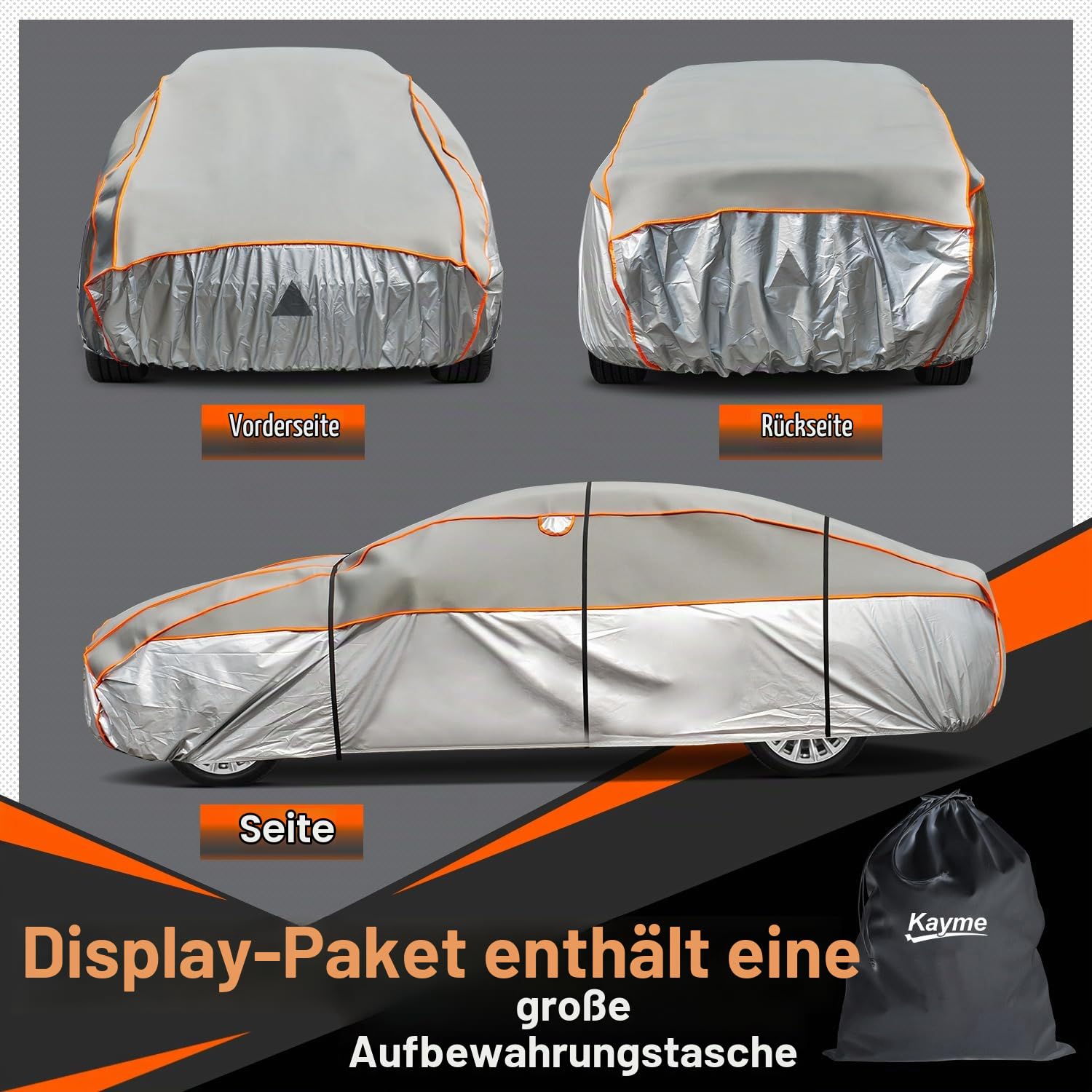 kayme Hagelschutzplane Auto Autoabdeckung Wasserdicht Atmungsaktiv. PKW Hagelschutzgarage, Abdeckplane für Hagel Sonne Regen Schutz, Hagelschutz vollgarage für Limousine (475 bis 495 cm) Grau
