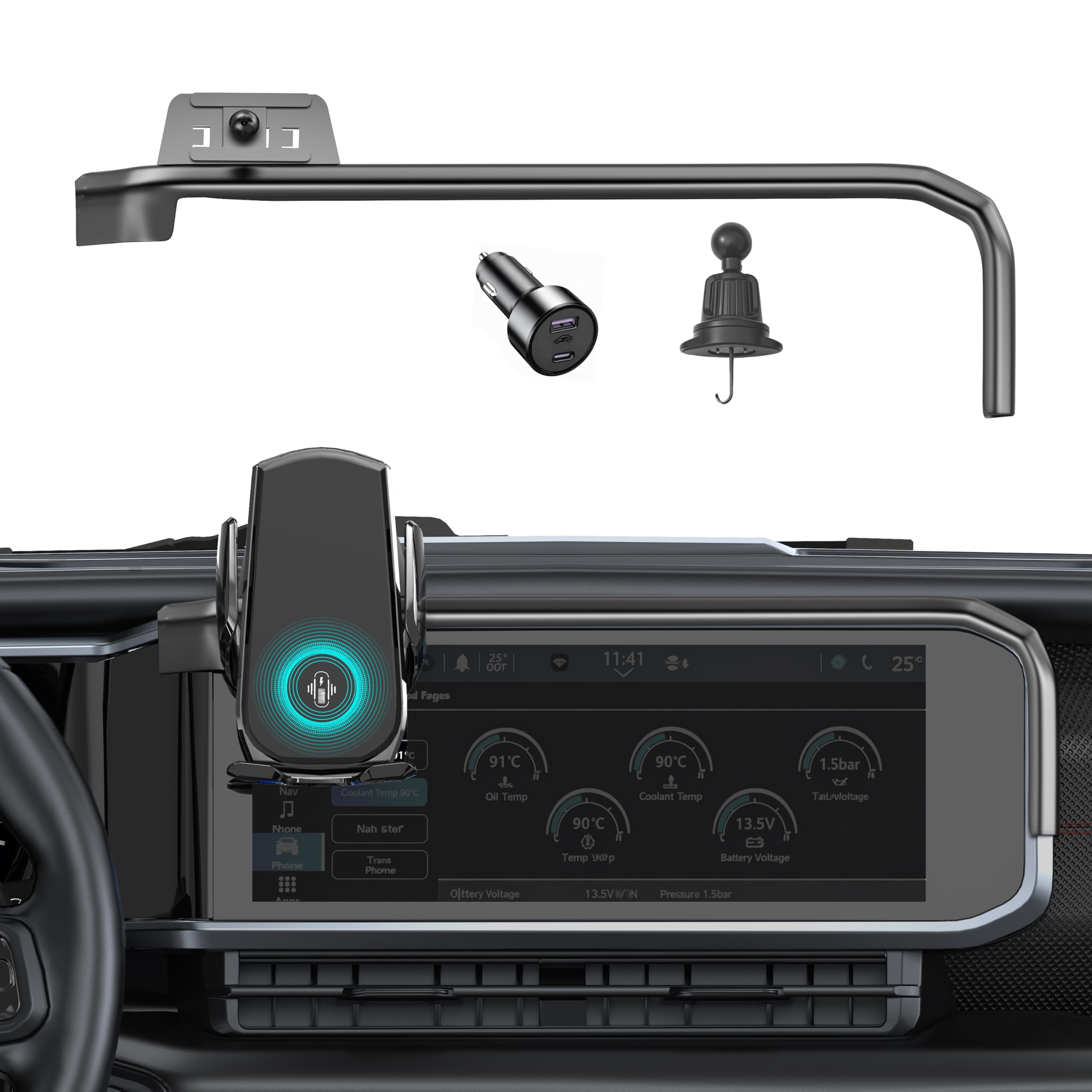 Car Phone Mount for Wrangler 2024-2025 Gladiator JT 2024-2025 15W Fast Charging Auto-Clamping Jeep Phone Holder 360 Adjustable