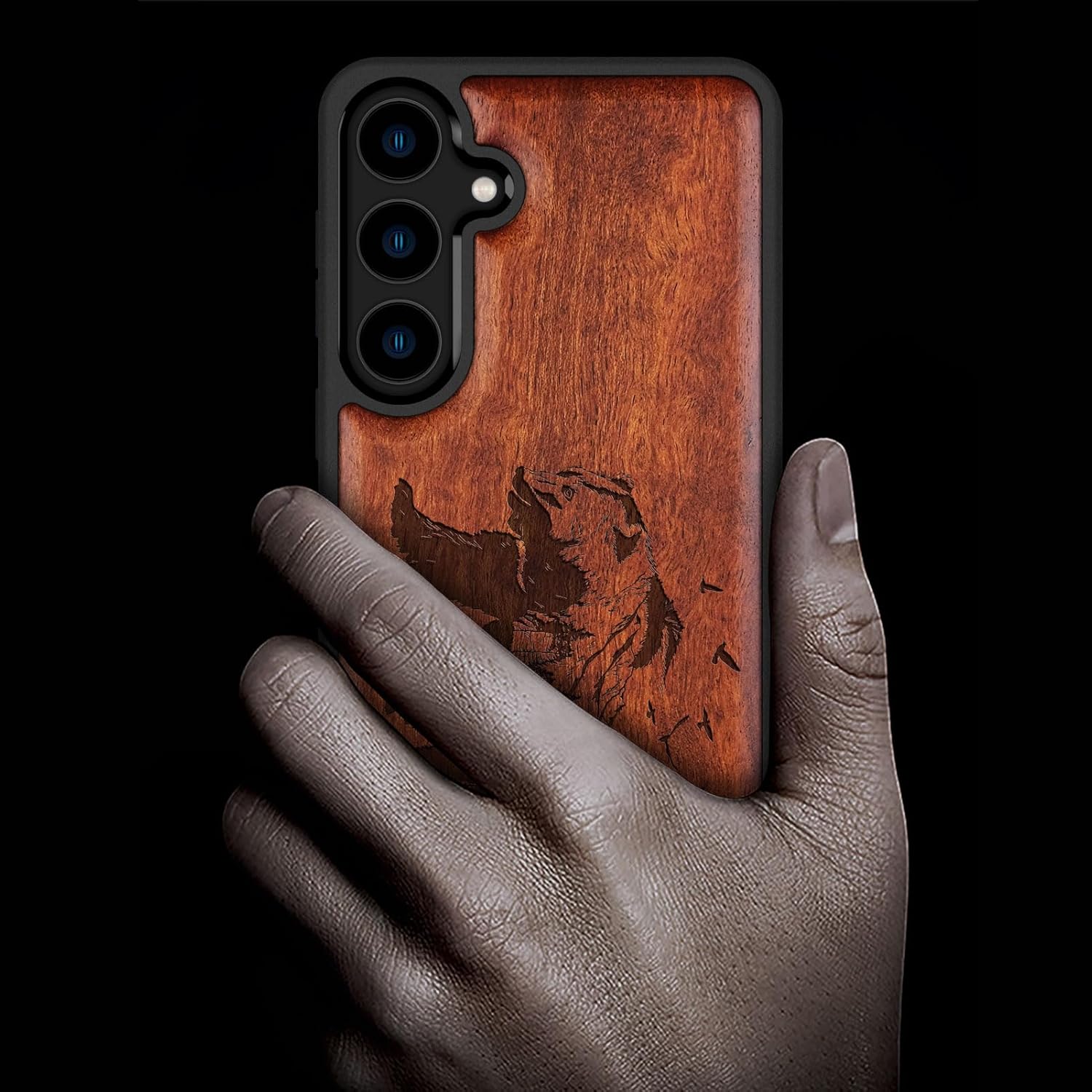 Carveit Wood Case for Galaxy S24 Case [Natural Wood & Black Soft TPU] Shockproof Protective Cover Unique Wooden Design Compatible with Samsung S24 (Bear and Valleys-Rosy)