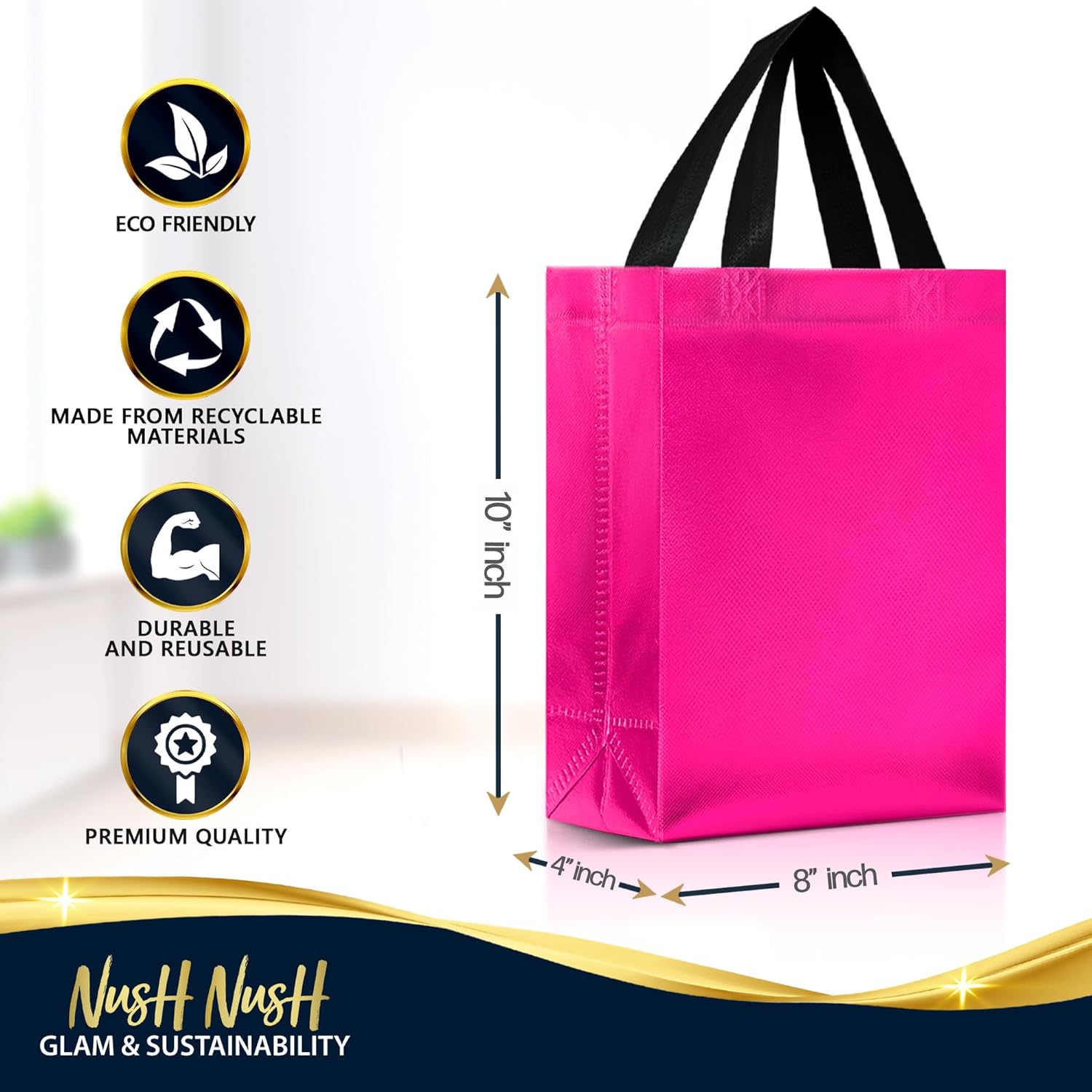 Nush Nush Hot Pink Gift Bags Medium Size – Set of 12 Shiny Pink Reusable Gift Bags With Handles - Ideal for Girls Birthday Party Favors, Baby Shower, Small Business – 8Wx4Dx10H Size - Image 6