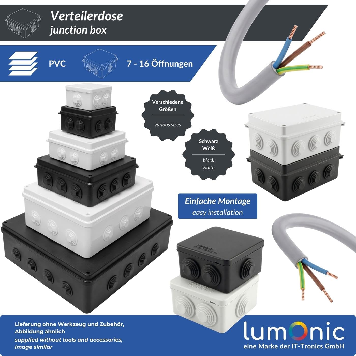 Lumonic Boîte de distribution en saillie IP65 Blanc | extra large, 300x250x120mm, 12 entrées de câble | Couvercle vissé | PVC de haute qualité | Grand espace intérieur pour les profilés chapeau, les b
