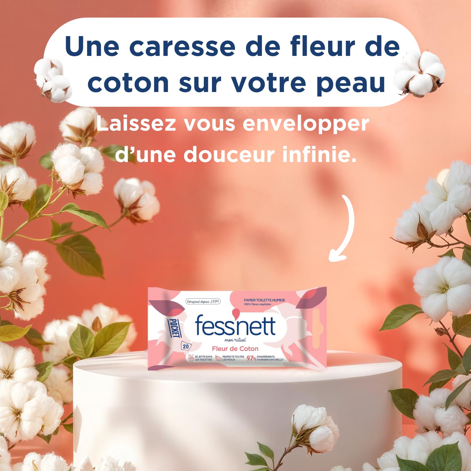 Fess Nett - Papier Toilette Humide Pocket Fleur de Coton x20 - Formule testée dermatologiquement 0% parabène 0% phenoxyethanol - Pour peaux normales à sensibles