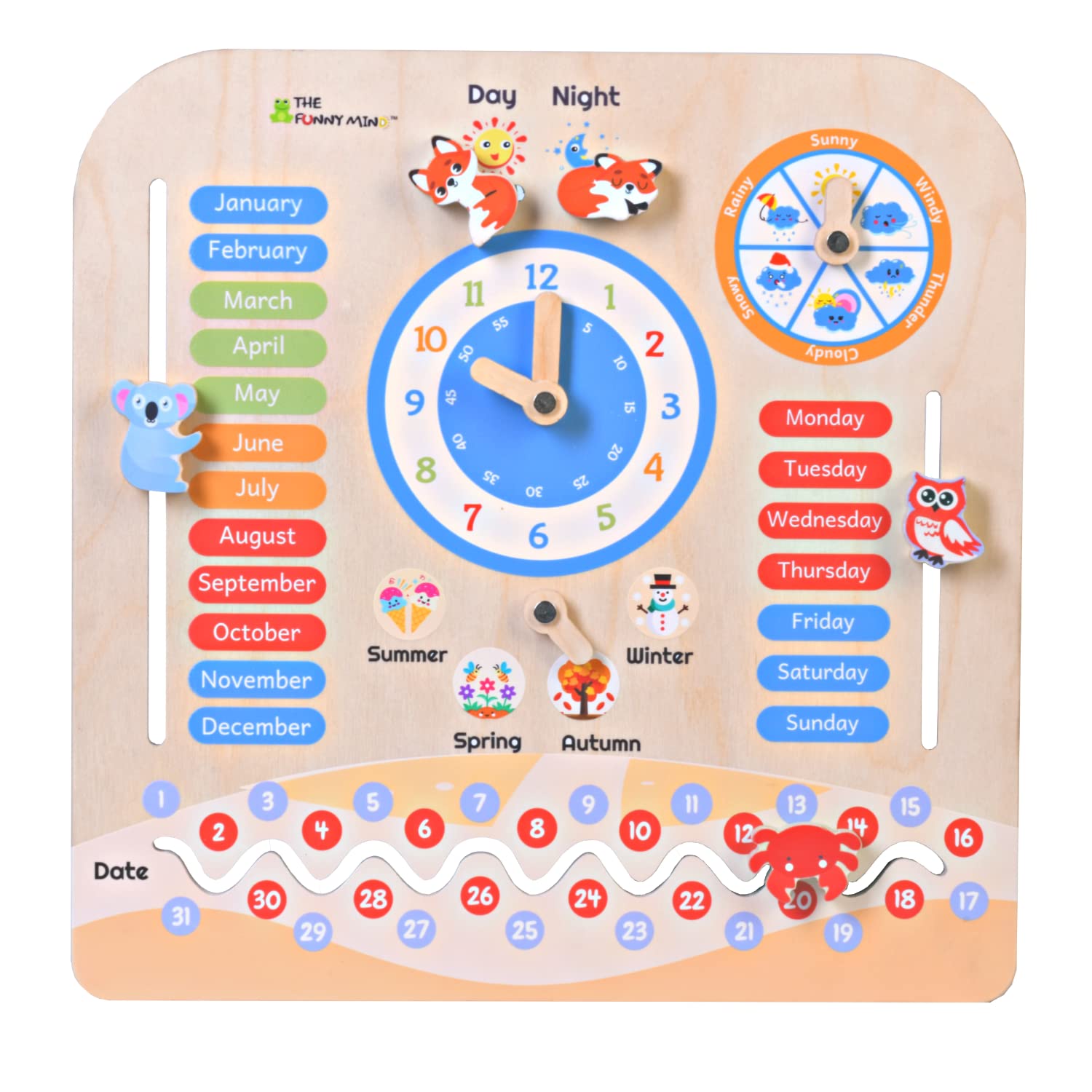 The Funny Mind Birch Wooden Activity Teaching Clock and Calendar for Kids 7 in 1 Learning Toy for Dates, Days, Months, Weather, and Time Recognition with Cute Animal Shaped and Moveable Hands Clock - Image 7 thumbnail