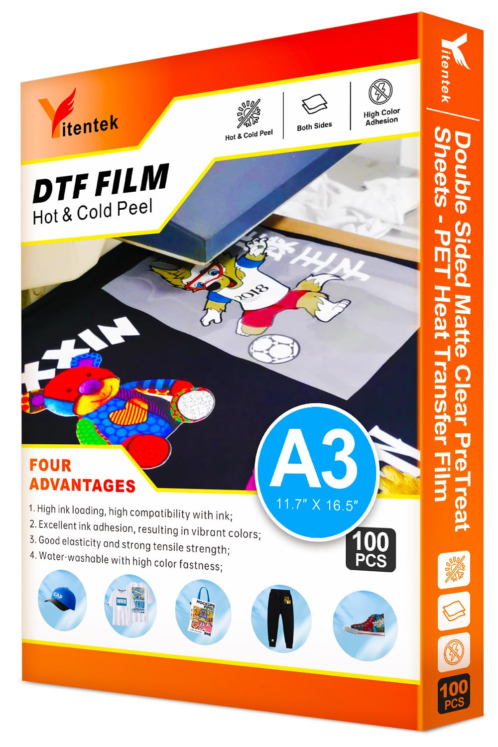 Yitentek DTF Transfer Film A3 (11.7" x 16.5") 100 Sheets, Double Sided Matte Clear PreTreat Sheets, PET Heat Transfer Film for DTF Inkjet Printer, Direct Print on T-Shirts Textile
