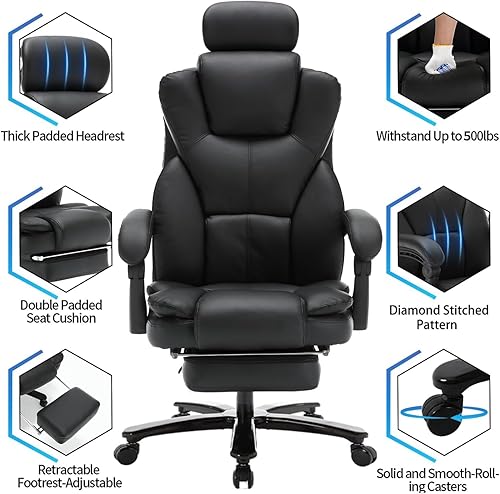 Miniatura 3 de Silla de oficina reclinable grande y alta con reposapiés y reposacabezas de 400 libras, sillas de oficina de piel sintética para personas pesadas,