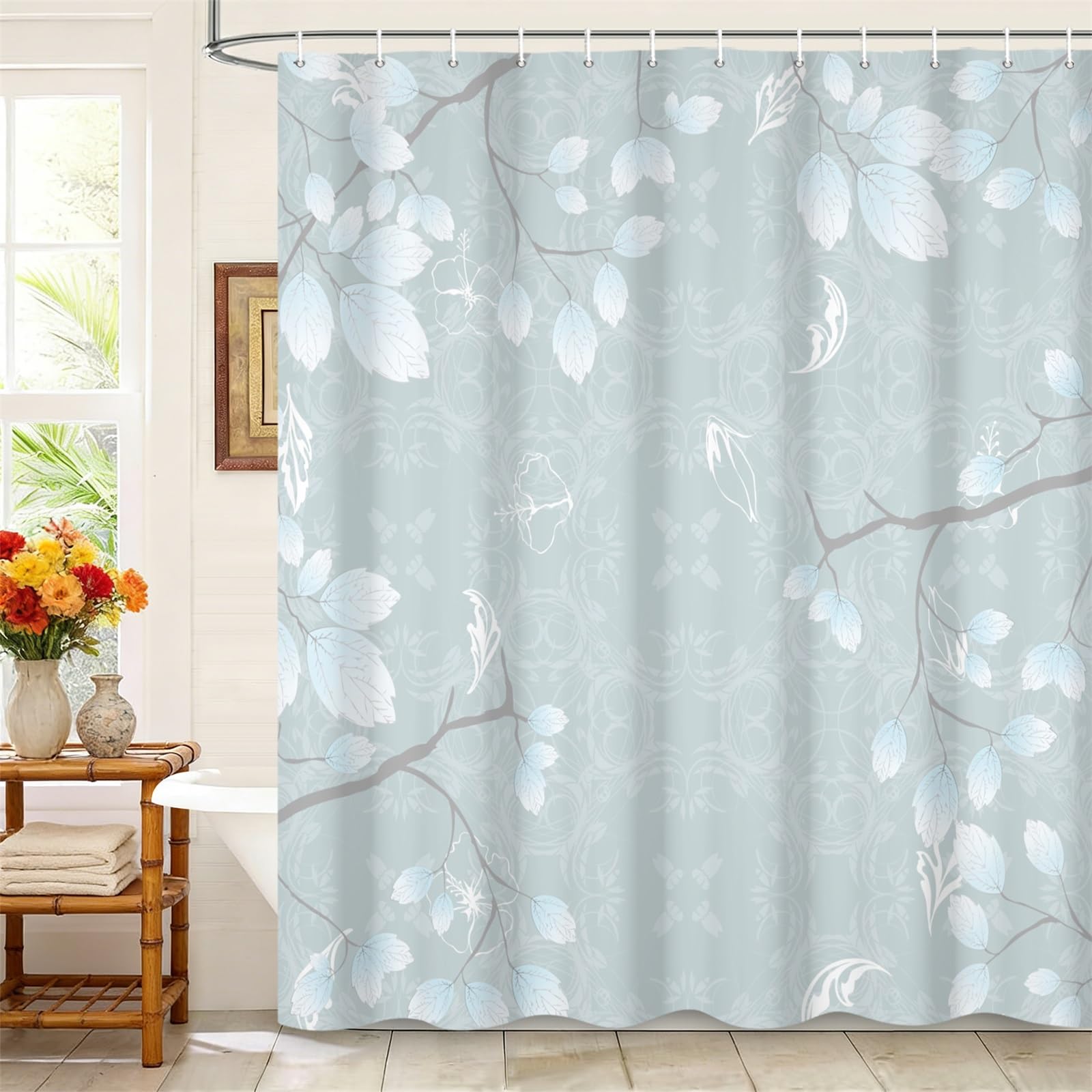 Kzzfqxb 183x198cm Shower Curtains with Plastic Hooks, Grey Elegant Plants Tree Branches with Beautiful Leaves Occluded Waterproof for Bathtub, Polyester Fabric Bath Bathroom Simple Clean Decoration
