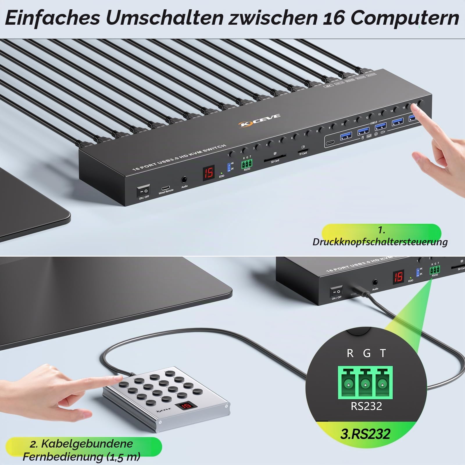 16 Port KVM Switch HDMI 4K@60Hz EDID Simulation, 1U Rack Mount USB 3.0 HDMI KVM Switch für 16 PC/Server, 6 USB 3.0 Ports, TF/SD, Audio,RS232, mit 12V Netzteil, Controller und 16 USB Kabel