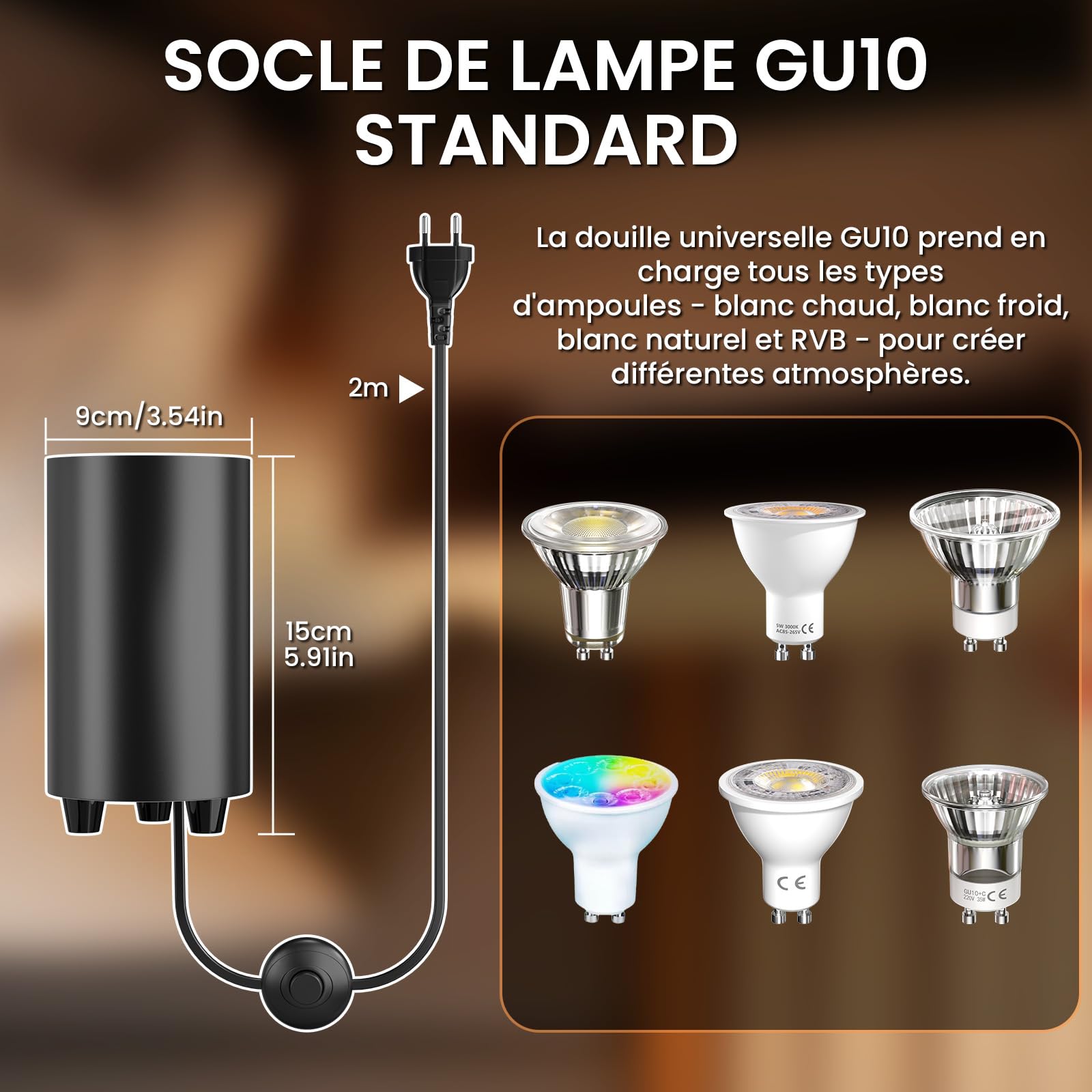 GU10 LED Uplight Spot, 5W Spot Éclairage Indirect, Lampe d'ambiance sur pied avec Interrupteur à pied, 2X Ampoule LED GU10 Blanc Chaud 3000K, Non-dimmable,Noir, Fiche UE (Lot de 2)
