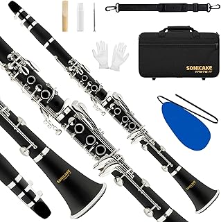 SONICAKE B Flat Clarinet for Intermediate Beginners & Student, Upgraded Ebonite Bb Clarinet Silver-plated with 2 Barrels, 4C Mouthpiece, Hard Case, Cleaning Kit, Black, QCR-11