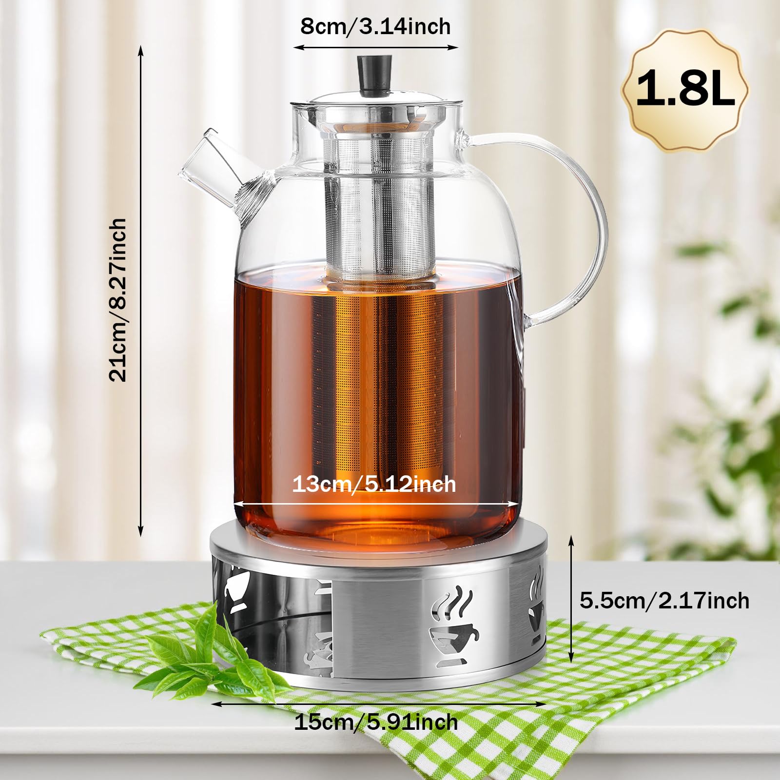 BAIFULAI 1,8L Teekanne Glas mit Siebeinsatz, Edelstahl Erhitzer Teekocher Kanne Set aus Borosilikatglas Teekanne mit Stövchen für Teelicht Teesieb Teekann Teapot mit Teebereiter und Sieb