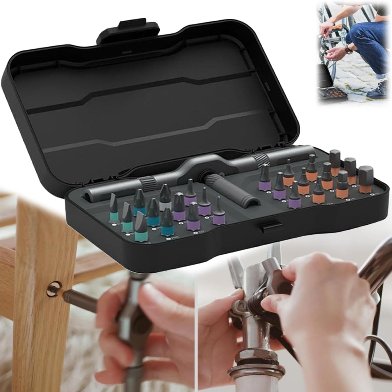 Outdoorfun - Set di mini attrezzi fai da te 24 in 1 con magnete, compatto, con impugnatura a T, punte di precisione e borsa portatile per riparazioni di casa, elettronica e biciclette