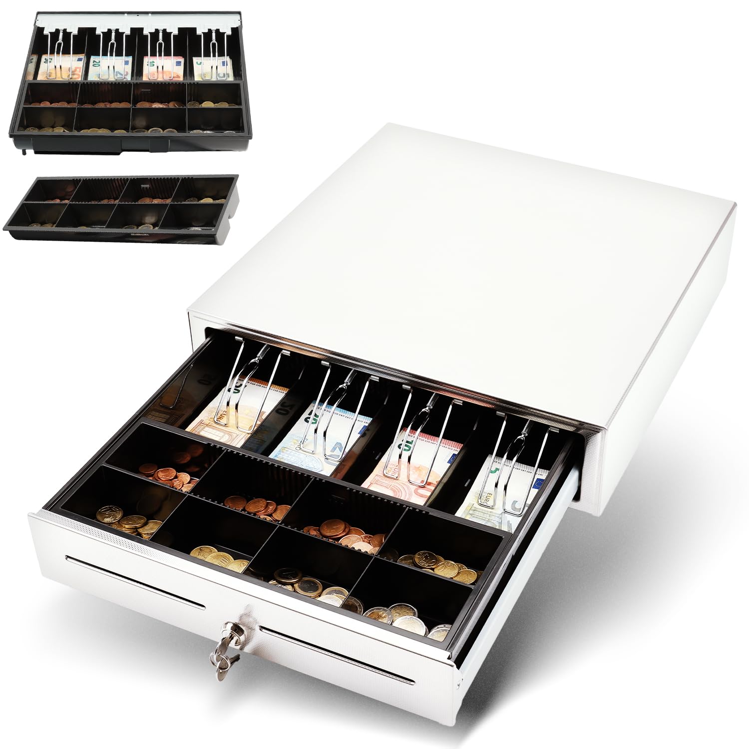 Olympia LD 410S Kassenschublade | Geldkassette abschließbar mit Einwurfschlitz | RJ12-kompatibel | 8 Münz- & 4 Scheinfächer+Halteklammern | Metallgeldbox für Handel & Gastronomie | 41,5x41x10,4 cm