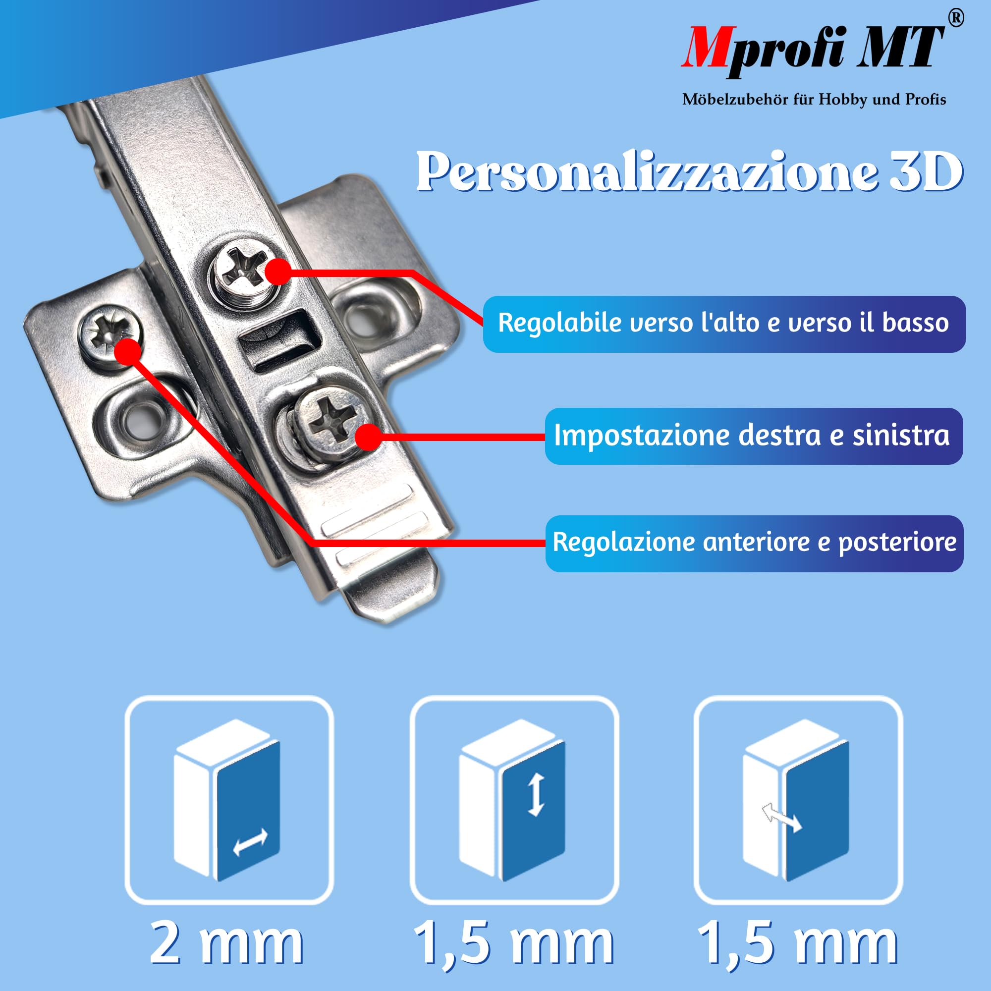 Mprofi MT® 20 Pezzi | Cerniere Ammortizzate per Ante Cucina con Piastra di Montaggio 3D | Ø35mm Battuta Esterna Clip 110° | Cerniere per Armadio | Cardini per Mobili | Cerniera a Molla