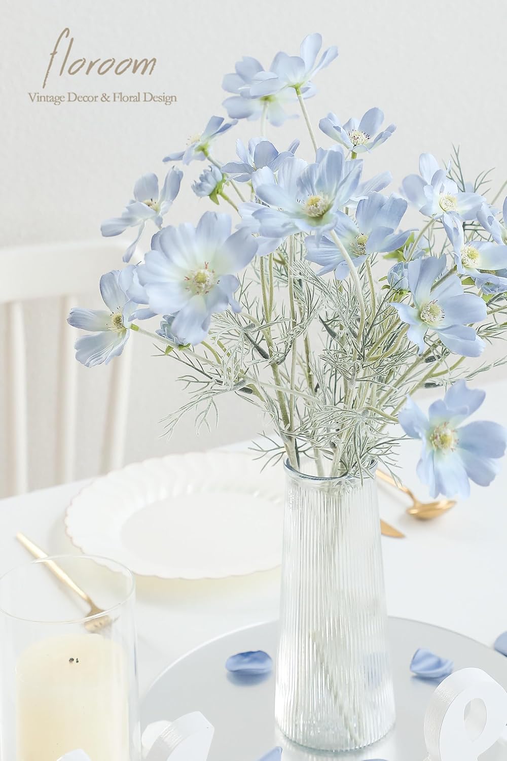 Floroom 5 Pcs Artificial Flowers Power Blue Fake Cosmos Faux Silk Flower for Indoor Home Decor, Party Arrangements, Wedding Bouquets, Floral Table Centerpieces, and Decorations - Image 5