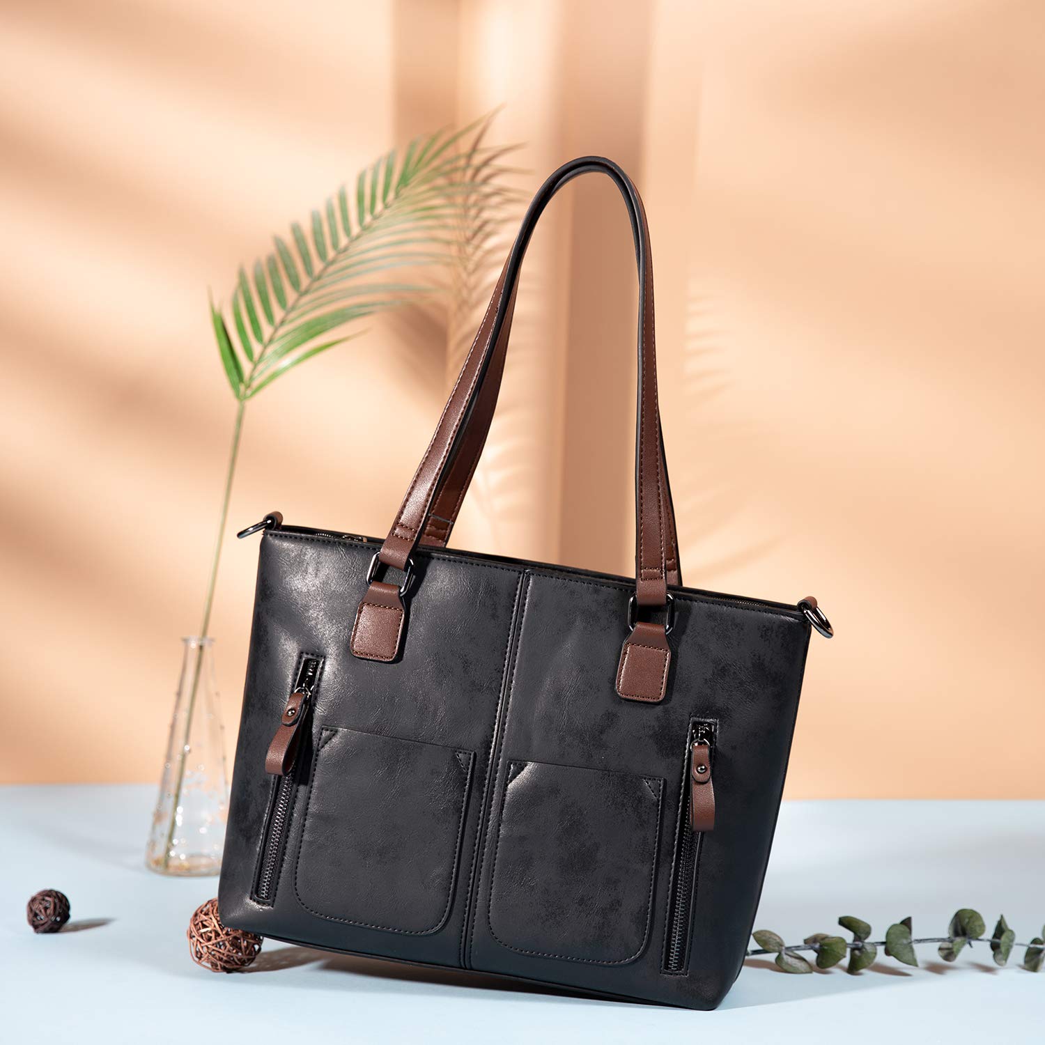 LOVEVOOK Purses Tote Bag for Women, Handbags Large Shoulder Bag, Leather Work Bags with Multi-Pockets, Designer Hobo Satchel: Medium-13.3 inch Black