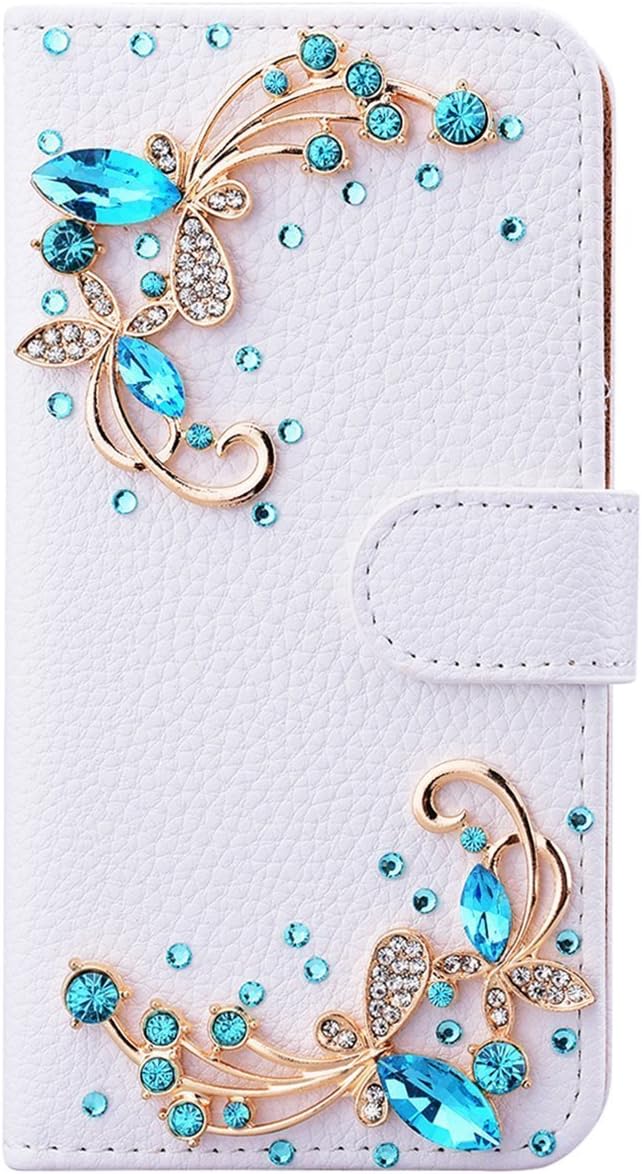 HongHushop Rhinestone Bling Diamond PU Leather Case for Samsung Galaxy A20e Blue butterfly Card Slots Magnetic Flip Stand Wallet Glitter Cover Case for Samsung Galaxy A20e
