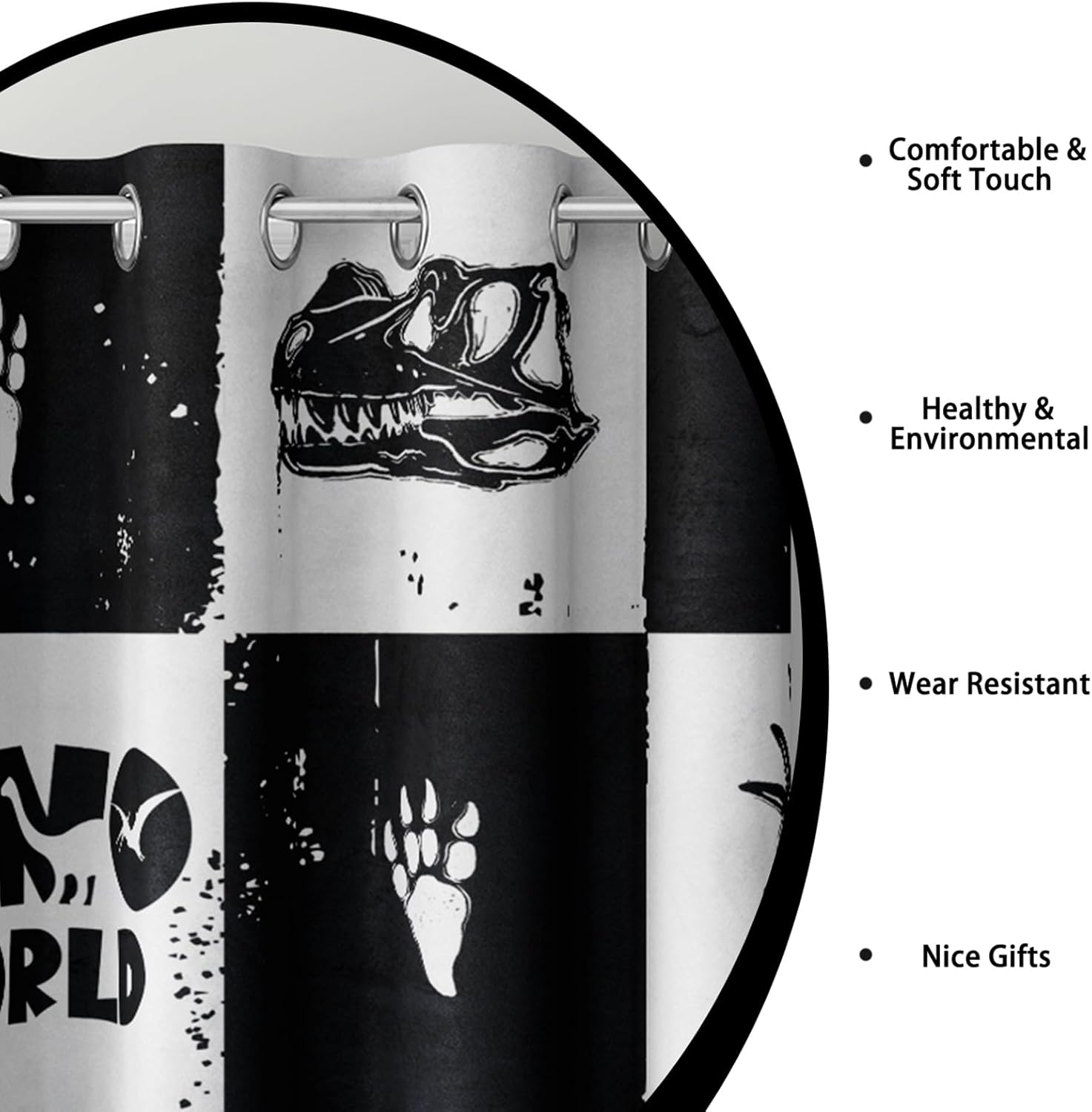 AILONEN Cartoon Dinosaur Window Curtain - Black and White Window Drapes for Kids Teens - 2 Panels Set Graffiti Dino Skeleton Printed Jungle Animal Grommet Curtain, 42" W x 90" H