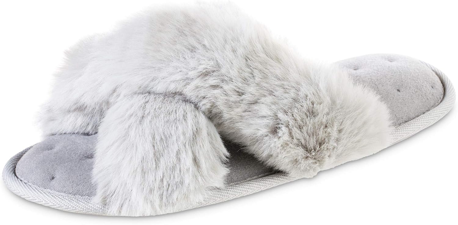 Amazon.com | isotoner Women's Fuzzy Slipper, Cozy Open Toe Flip-Flop with a  Furry Cross Band and Plush Fluffy Terry Cushion, Black, 6.5-7 | Slippers
