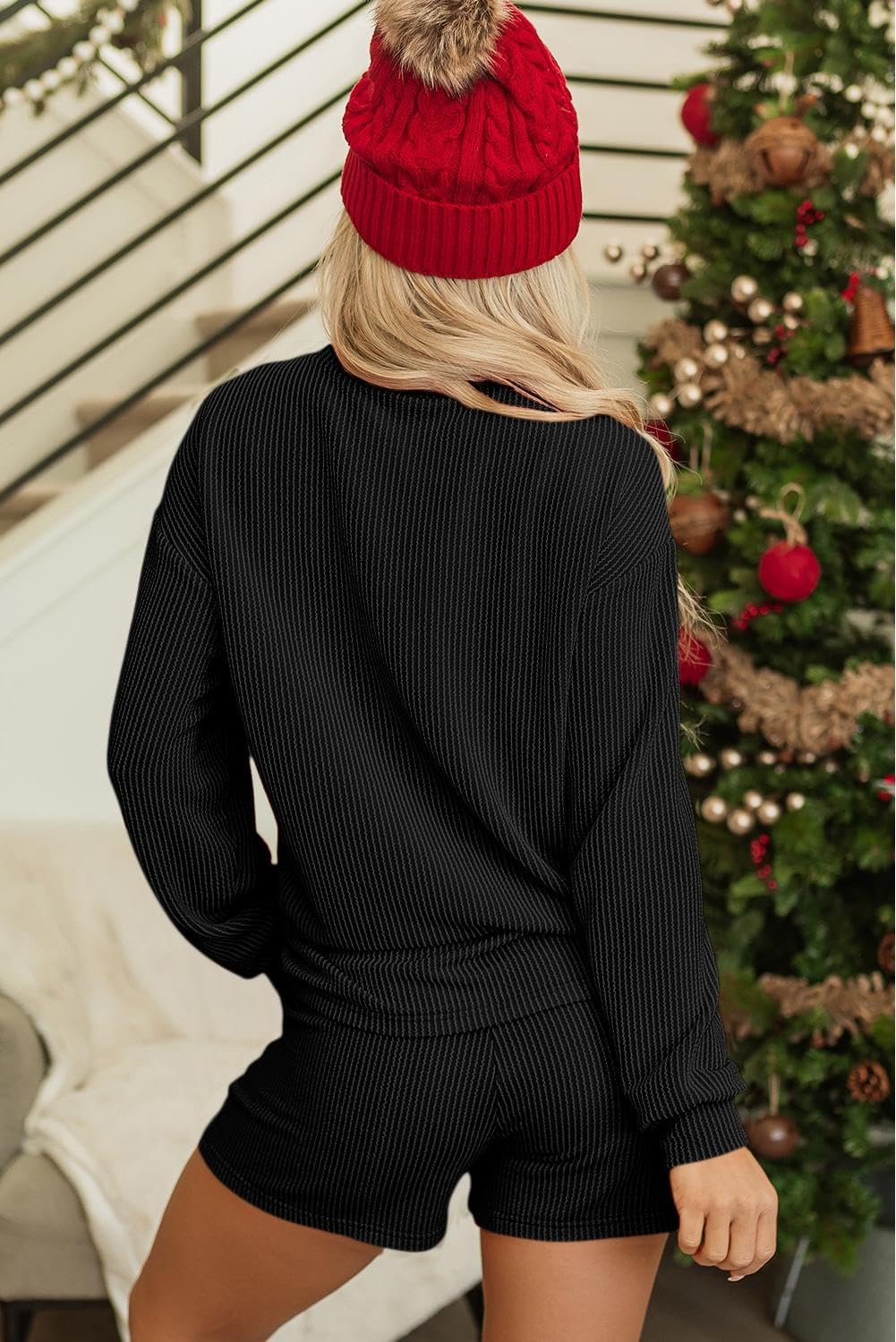 Womens Ribbed Pajama Sets Long Sleeve Top and Shorts Matching Lounge Set Loungewear Sweatsuit with Pockets - Image 5