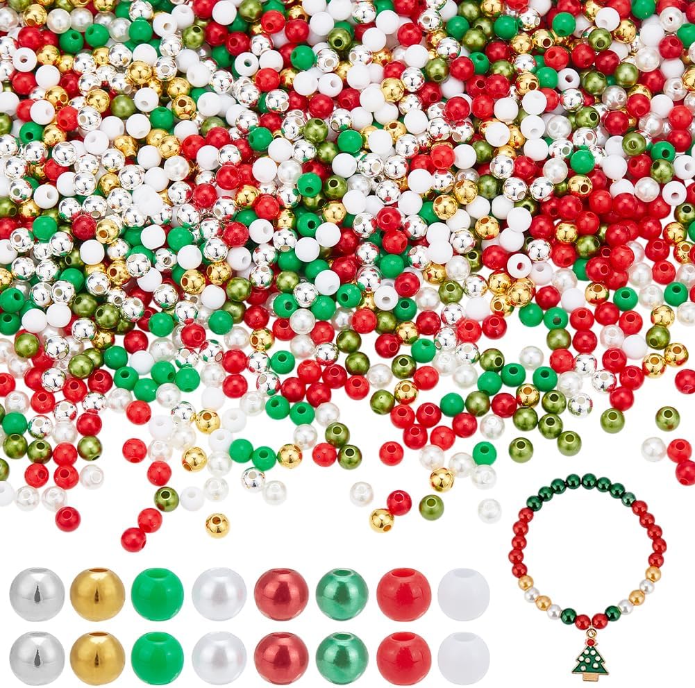 arricraft 2400Pcs Christmas Pearl Beads, 8 Colors 4mm Acrylic Round Imitation Pearl Bead Red Green Gold White Plastic Loose Spacer Beads for Christmas Jewelry Making DIY Craft Earrings