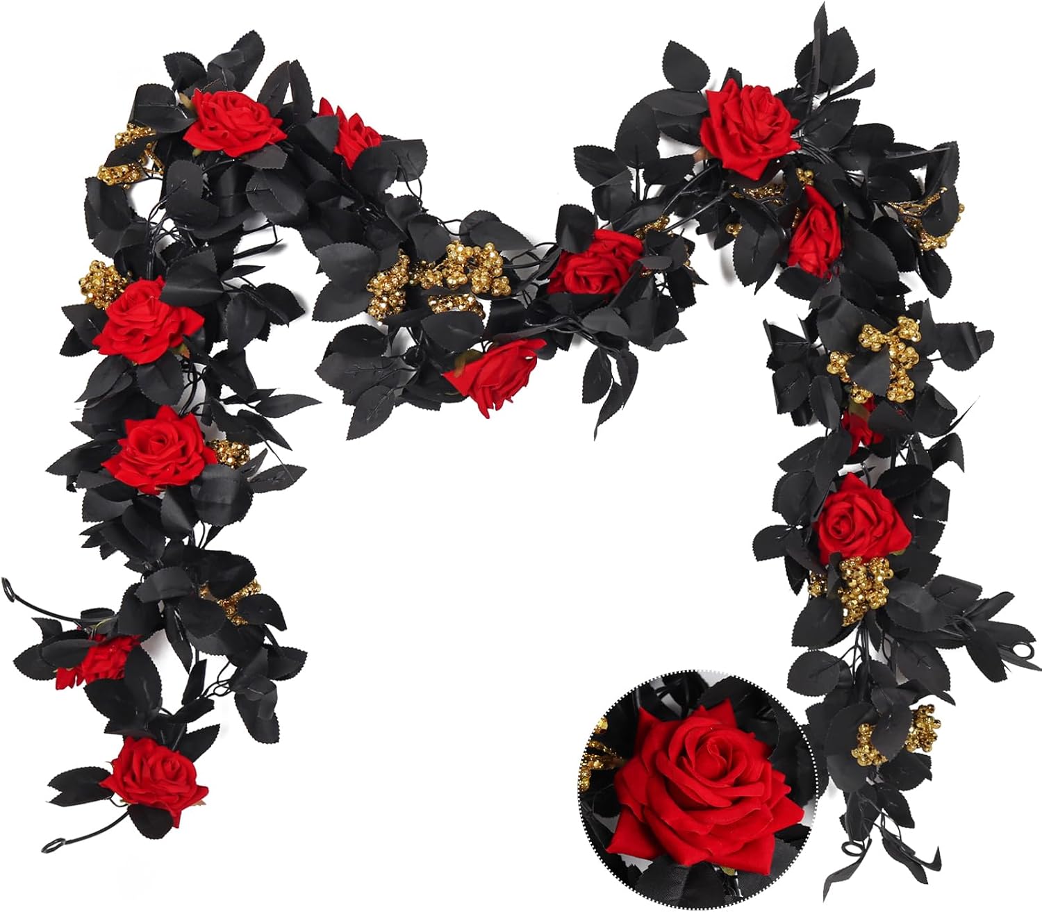 RECUTMS Artificial Halloween Garlands 5.6FT Silk Red Roses Flower Vine Hanging Silk Floral Fall Leaf Wreath for Halloween Gothic Wedding Floral Table Centerpiece Arrangement Teepee Mirror Decor Hanging rose vines 1pcs-Red Rose