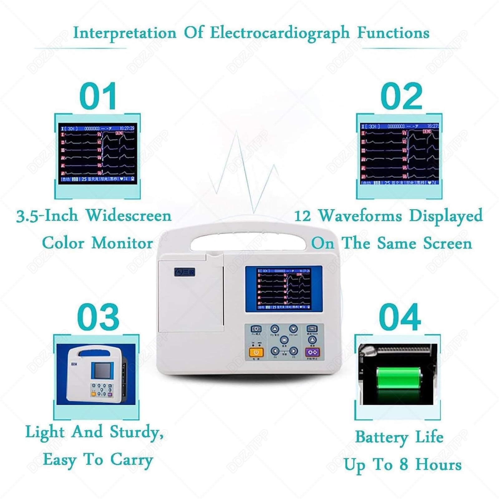 Monitor ECG Portatile, 3 Canali 12 Cavi Cardiofrequenzimetro, Schermo LCD a Colori da 3,5 Pollici, Elettrocardiografo, per La Casa, Ospedale