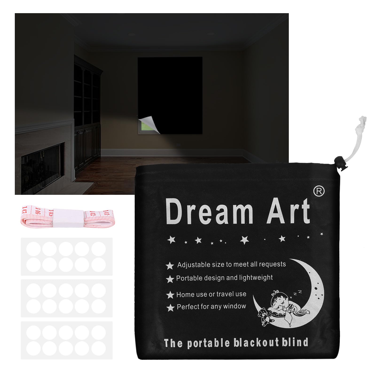 DREAM ART Anywhere Portable Blackout Curtain/Adjustable Blackout Shades/Temporary Blackout Blinds for Nursery,Children Kids Bedroom or Travel Use,Black,1 pc W59xL157Inch(150X399cm)