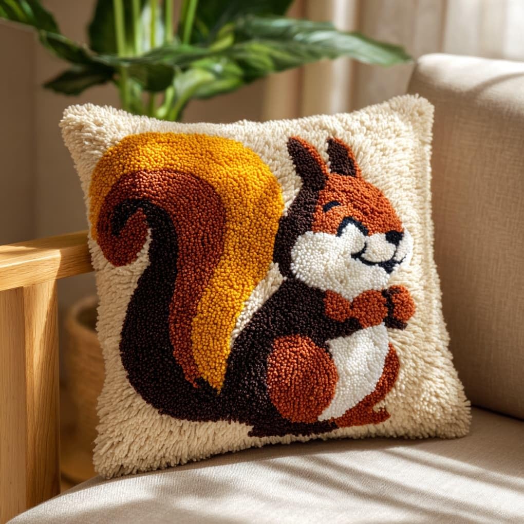 Henypt 43x43cm Latch Hook Rug Kit,Smiling Squirrel Beginner DIY Crochet Craft Set,Soft Yarn Cushion Kit for Living Room Sofa Decoration