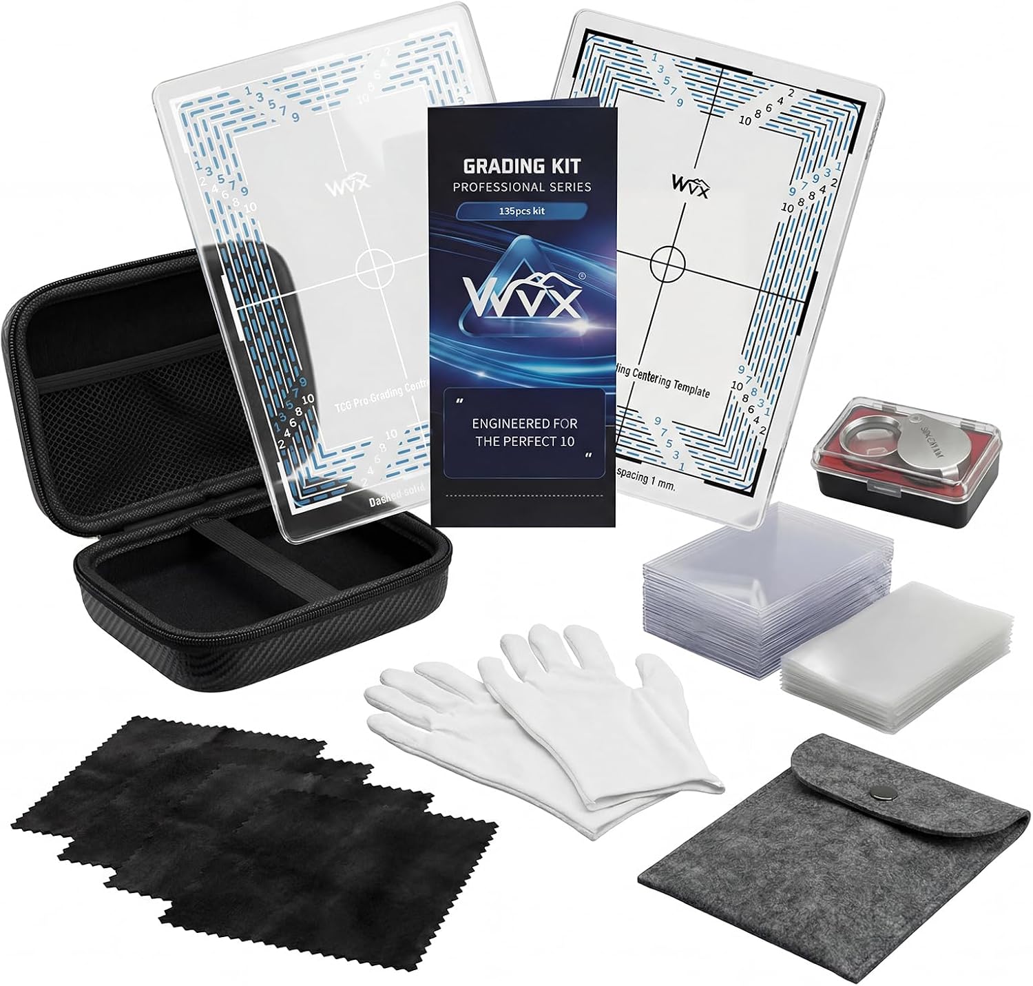 WVX Card Grading Kit, 135-Piece Pre-Grade Submission Set for Sports & TCG Cards, 2 Centering Tools, 30X Loupe, Cleaning Supplies, 100 Soft Sleeves, 25 Semi-Rigid Holders, EVA Case