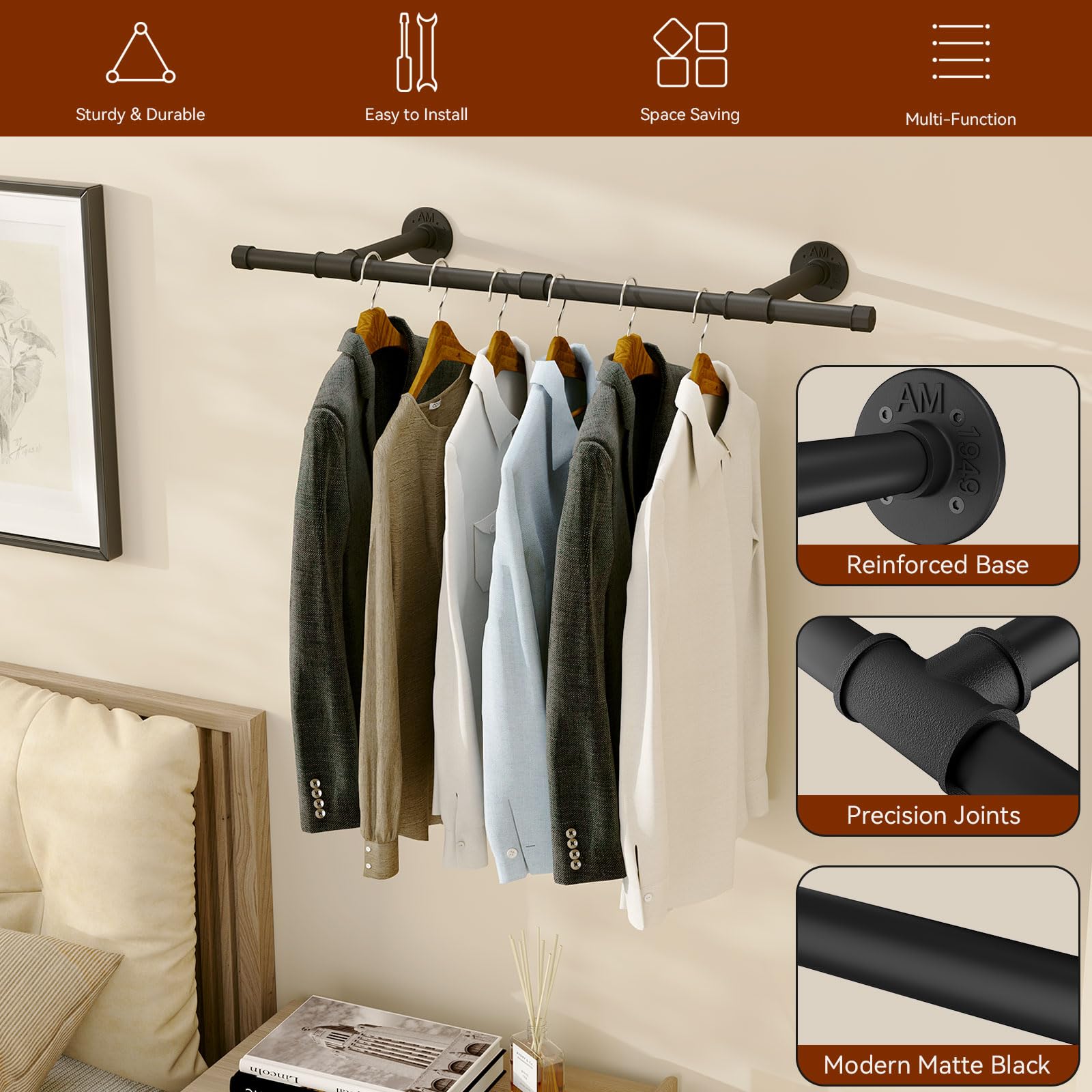 IBUYKE Industrial Pipe Clothing Rack, 94cm Wall Mounted Clothes Rack, Space-Saving Hanging Closet Rod - Image 2