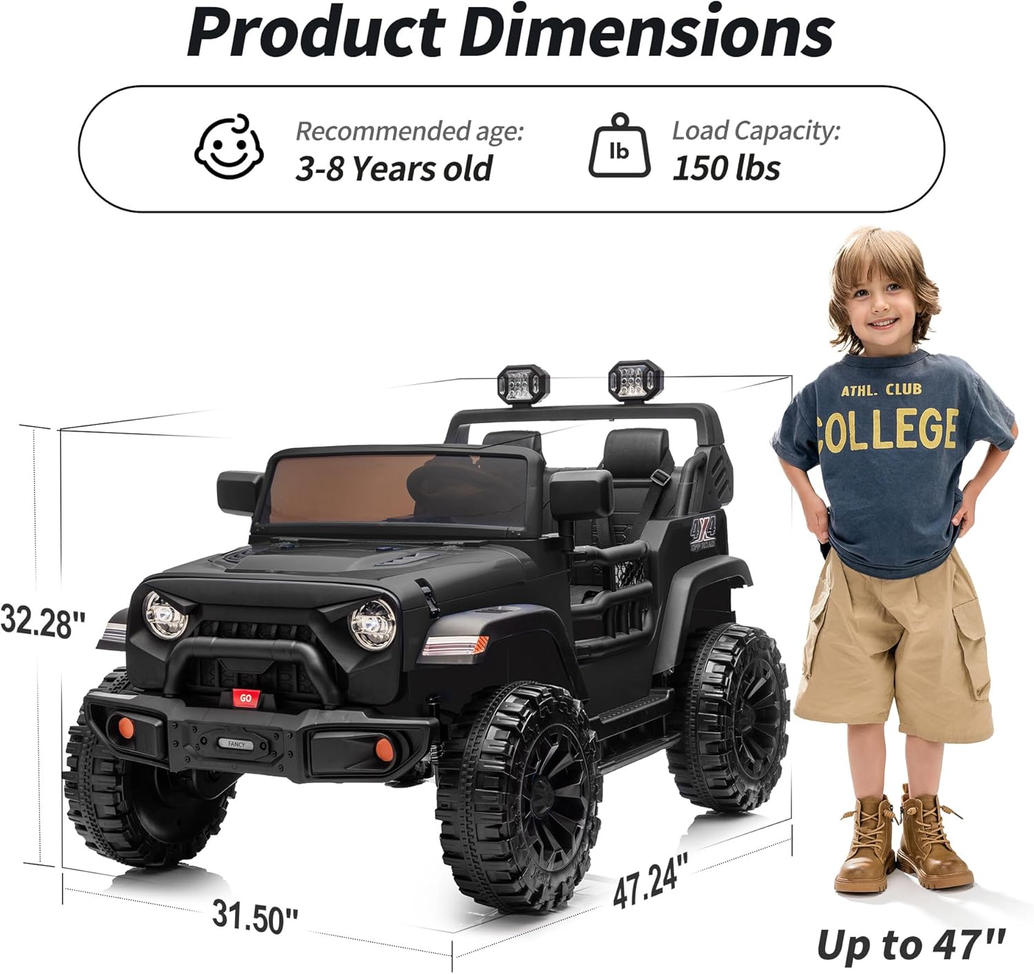 Product dimensions and recommended age for the ride-on car