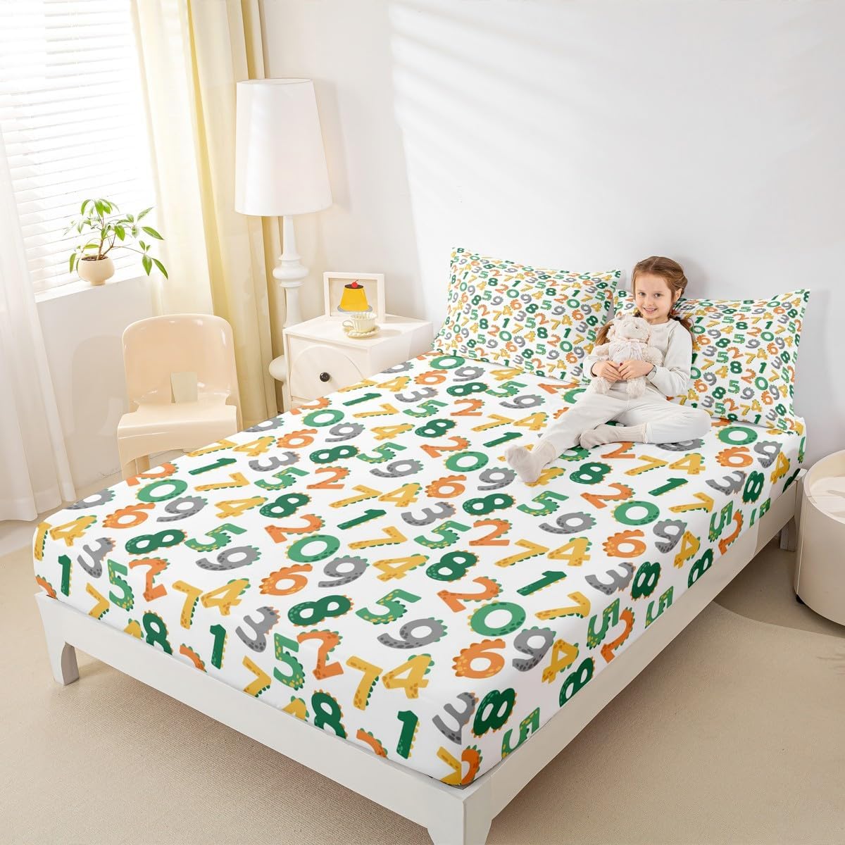 Cute Dinosaur Queen Size Bed Sheet Set - Microfiber Fitted Sheet, Colorful Digital Number Bed Cover, Deep Pocket, Graffiti Number