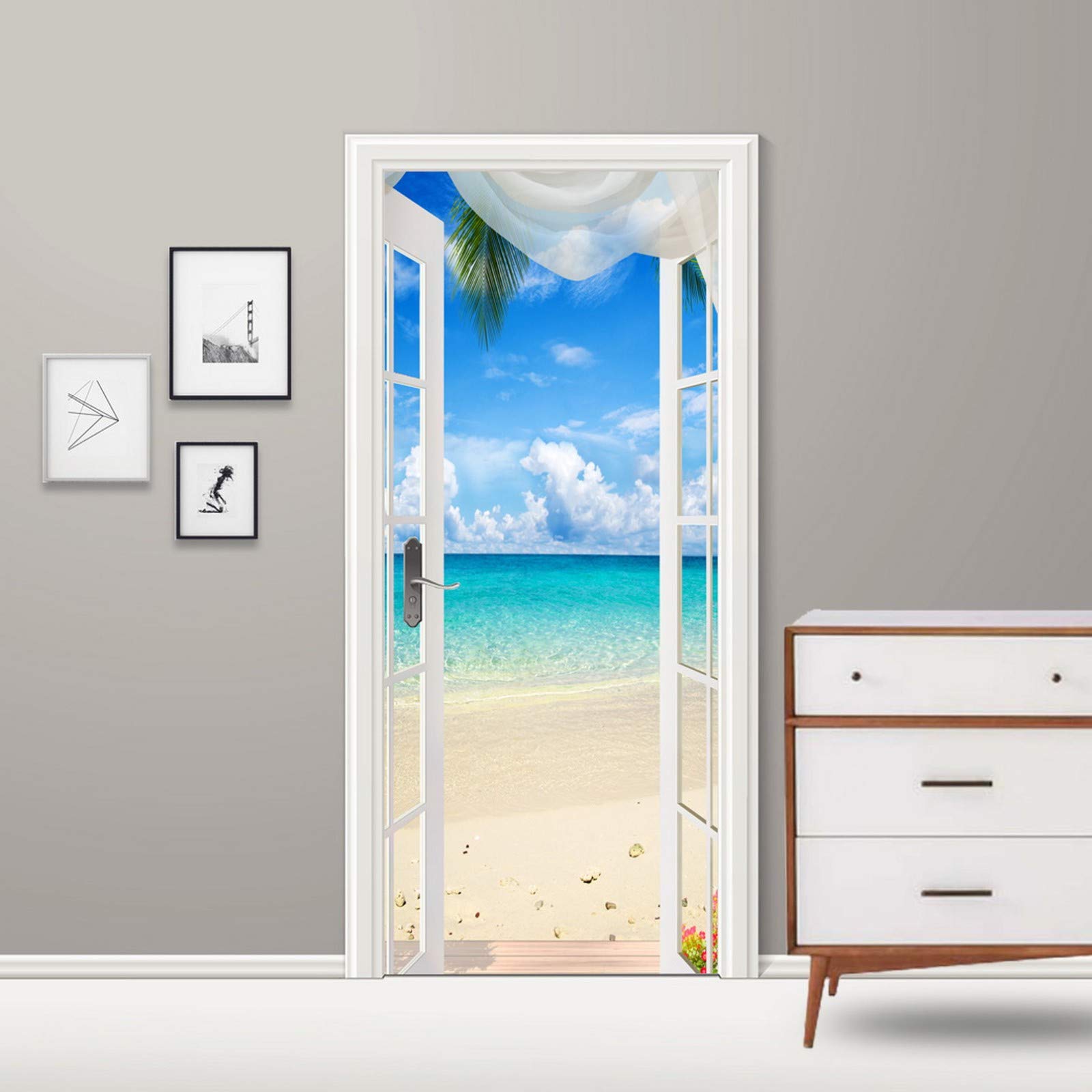 Sticker De Porte 3D A.Monamour - Vue Mer Et Plage Avec Rideau Blanc - 77x200cm