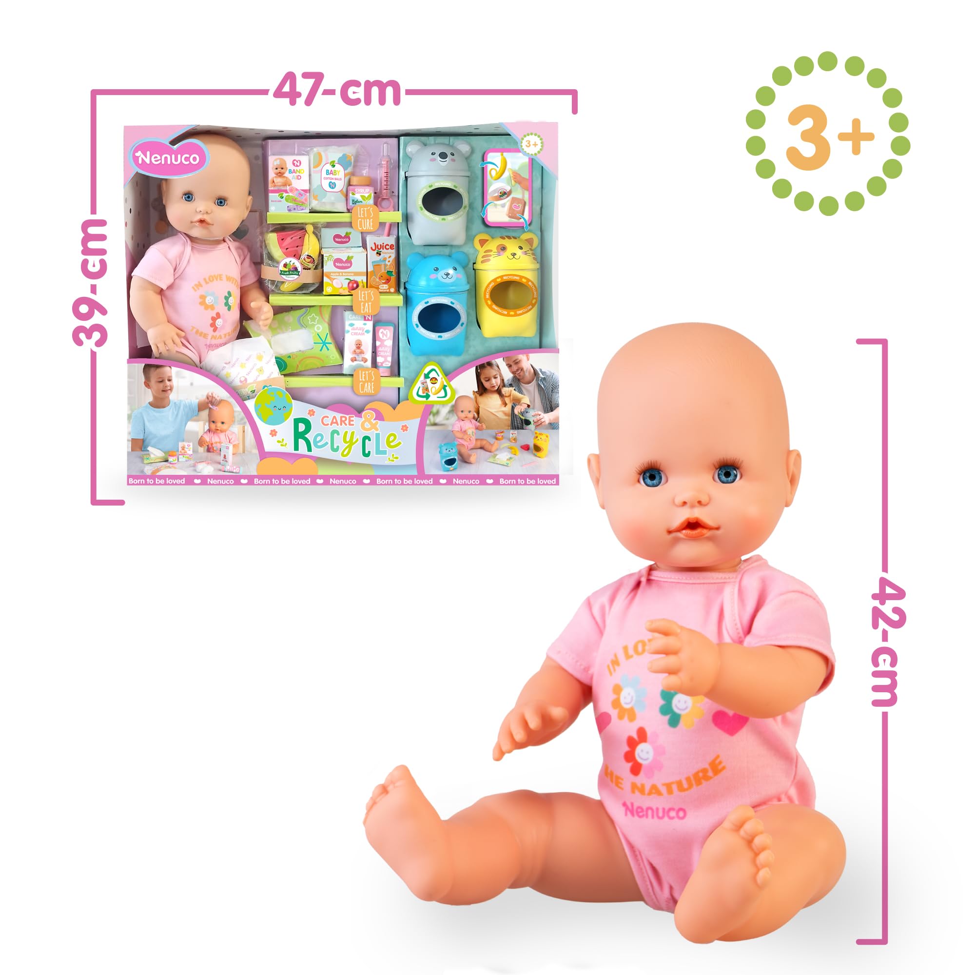 NENUCO - Cuida y Recicla, Muñeco Bebé de 42 cm y Cuerpo Duro y Body Rosa, Accesorios para Dar de Comer, Cambiar Pañal y Curar Heridas, Incluye 3 Contenedores de Reciclaje, +3 Años, Famosa (NFN98000)