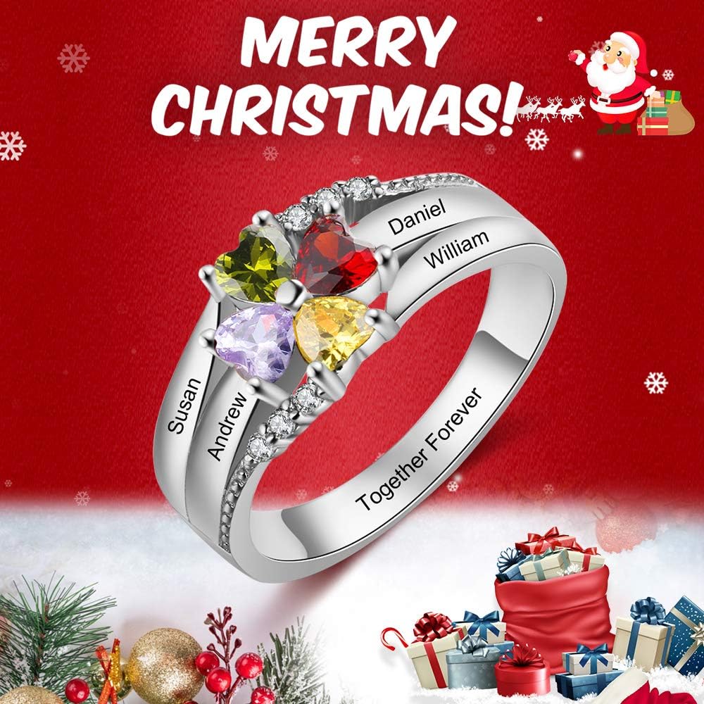 Fortheday Personalized Sterling Silver Mothers Rings with 4 Names Custom Birthstone Rings for Women Mothers Day Rings for Mom Mother Daughter Grandmother
