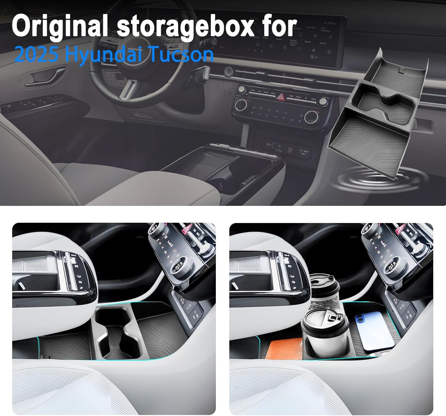 SHAOHAO for 2025 2026 Hyundai Tucson Lower Organizer for 2025 2026 Hyundai Tucson Accessories (Limited/Hybrid) Under Console Organizer Tray with Cup Holder (ONLY for Tucson with Electronic Shift)